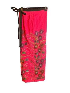 Pink Floral Embroidered Wrap Sarong Skirt with Black Ties